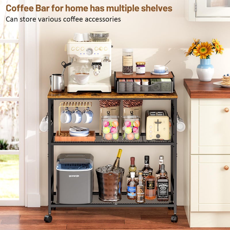 ThreeHio 3 Tier Rolling Kitchen Microwave Cart, 33 Inch Microwave Table Stand with Adjustable Shelf, Kitchen Storage Island Utility Cart on Lockable Wheels, Bakers Rack Coffee Bar for Living Room, Office - Image 4