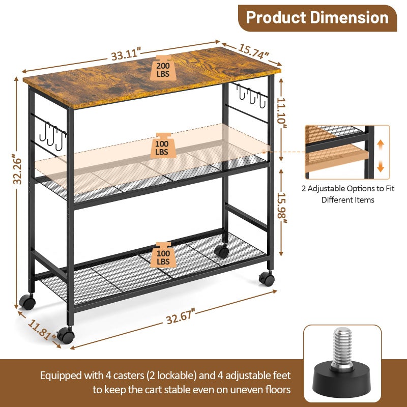 ThreeHio 3 Tier Rolling Kitchen Microwave Cart, 33 Inch Microwave Table Stand with Adjustable Shelf, Kitchen Storage Island Utility Cart on Lockable Wheels, Bakers Rack Coffee Bar for Living Room, Office - Image 2