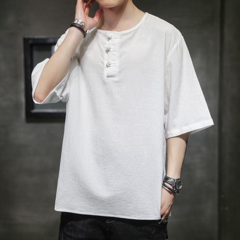 Summer New Arrival Linen Short-sleeved T-shirt Retro Chinese Style Large Size Round Neck Buckle Half-sleeved Loose T-shirt for Men - Image 2
