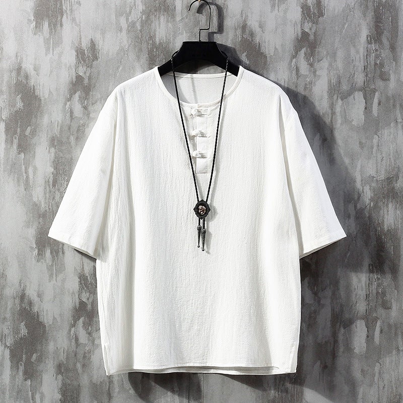Summer New Arrival Linen Short-sleeved T-shirt Retro Chinese Style Large Size Round Neck Buckle Half-sleeved Loose T-shirt for Men - Image 1