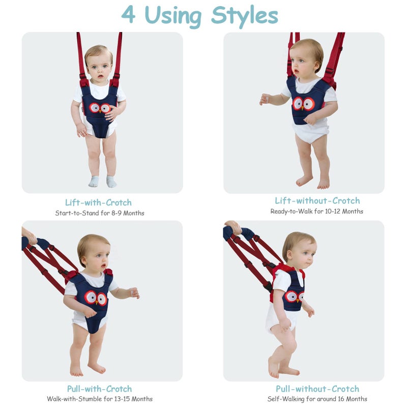 Ocanoiy Baby Walking Harness Handheld Baby Walker Assistant Belt Adjustable Toddler Infant Safety Harnesses Standing Up Walking Learning Helper with Detachable Crotch for 9-24 Month (DarkBlue Owl) - Image 5