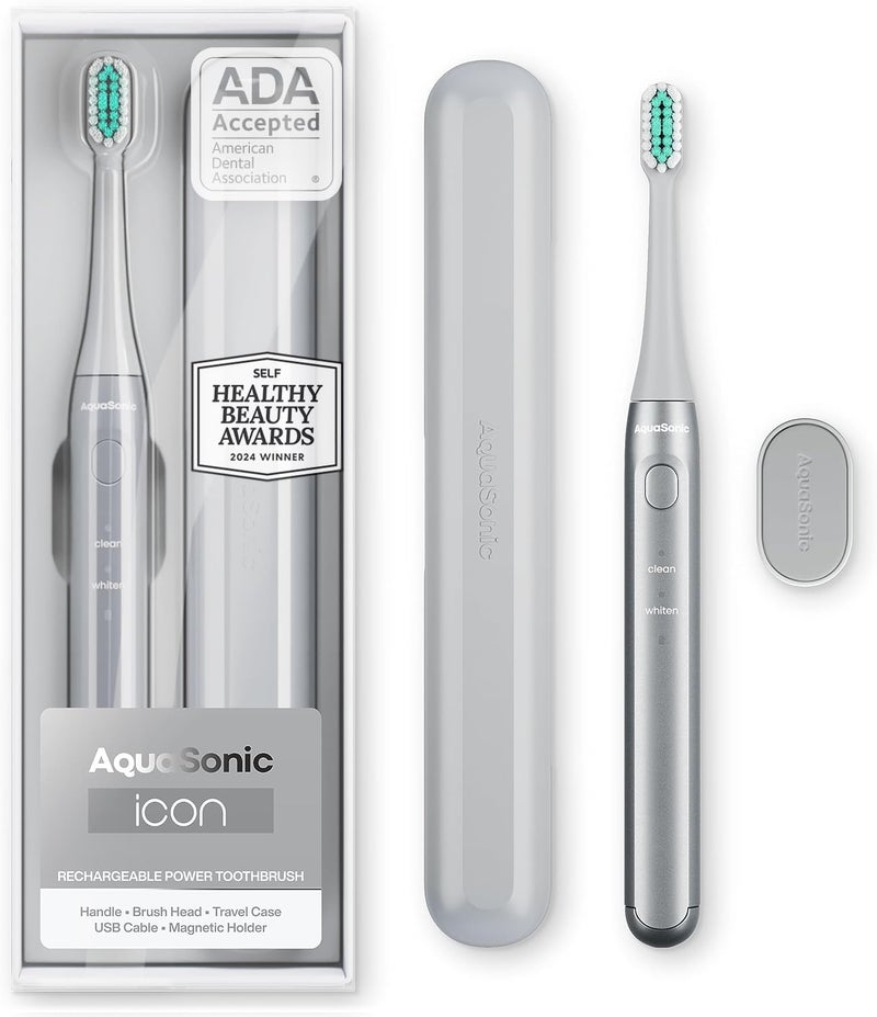 Aquasonic Icon ADAAccepted Rechargeable Toothbrush Magnetic Holder Slim Travel Case 2 Brushing Modes Smart Timers Gentle MicroVibrations Stone