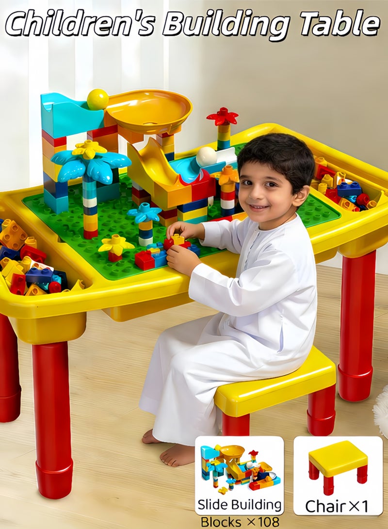 XiuWoo Children's building table,108 Pcs Multi-Functional Kids Activity Table & Chair Set, Building Block Play Surface,Sand/Water Station & Study Desk with Chairs - Multi-Functional Educational Toy,includes 1 chair and 108 compatible large building blocks,for Boys & Girls Ages 3 Years+ - Image 1