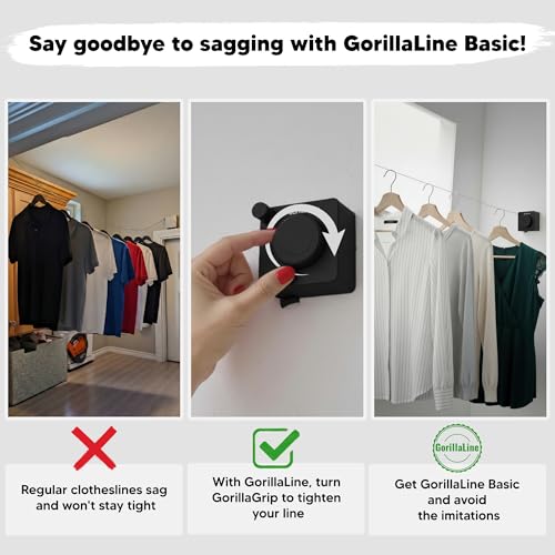GorillaLine Basic - Retractable Clothesline Indoor Outdoor Clothes Line - Non-Sagging Heavy Duty Clothes Drying Laundry Line - Wall Mounted Drying Rack - Air Dry Clothing - Tighten with GorillaGrip - Image 3