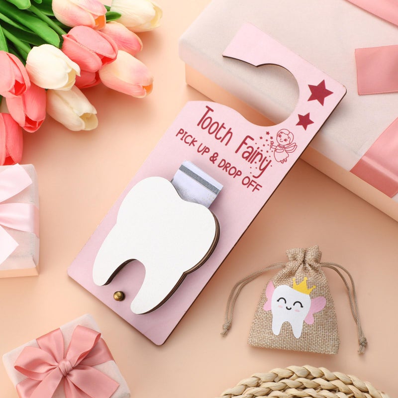 DoubleFill Tooth Fairy Gift Holder Bag Door Hanger National Children's Dental Health Month Dentist's Day Gift Tooth Fairy Kit Keepsake Teeth Box for Lost Teeth Boy Girl(Classic,Pink Brown) - Image 3