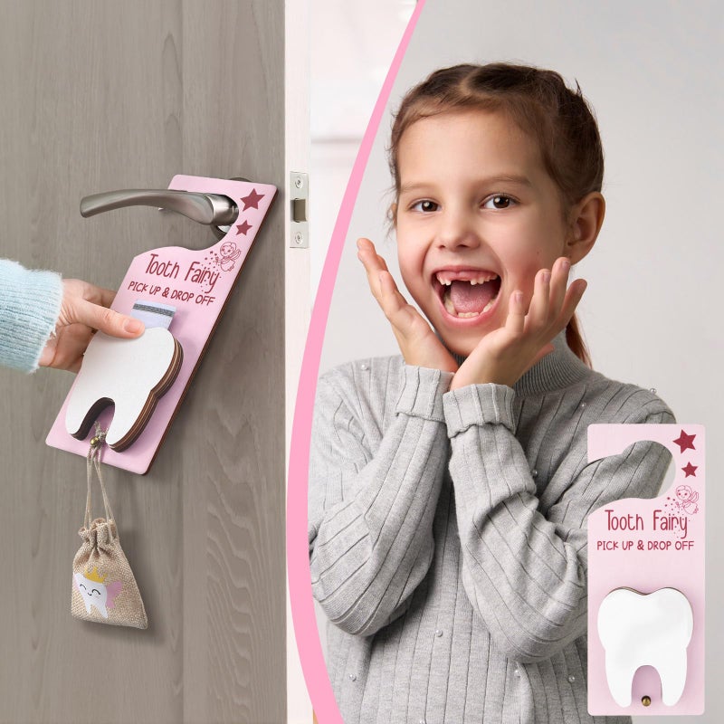 DoubleFill Tooth Fairy Gift Holder Bag Door Hanger National Children's Dental Health Month Dentist's Day Gift Tooth Fairy Kit Keepsake Teeth Box for Lost Teeth Boy Girl(Classic,Pink Brown) - Image 5