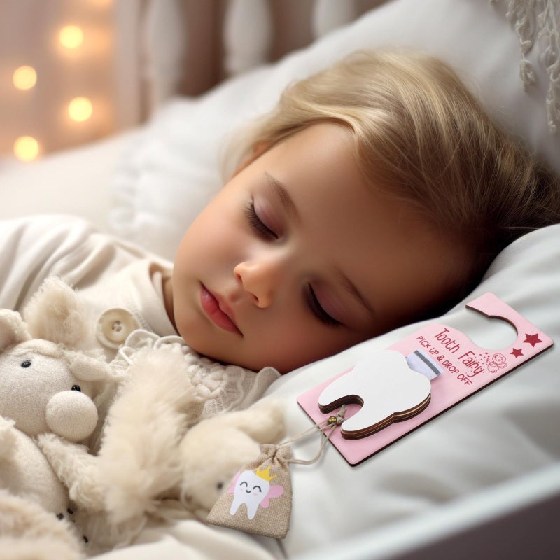 DoubleFill Tooth Fairy Gift Holder Bag Door Hanger National Children's Dental Health Month Dentist's Day Gift Tooth Fairy Kit Keepsake Teeth Box for Lost Teeth Boy Girl(Classic,Pink Brown) - Image 4