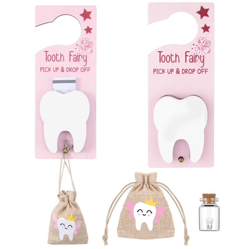 DoubleFill Tooth Fairy Gift Holder Bag Door Hanger National Children's Dental Health Month Dentist's Day Gift Tooth Fairy Kit Keepsake Teeth Box for Lost Teeth Boy Girl(Classic,Pink Brown) - Image 1