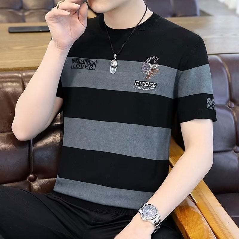 Source Manufacturer Ultra-Thin Ice Silk Breathable Short-Sleeved T-Shirt Summer Men'S Young And Middle-Aged Stripesd Half-Sleeved T-Shirt - Image 4