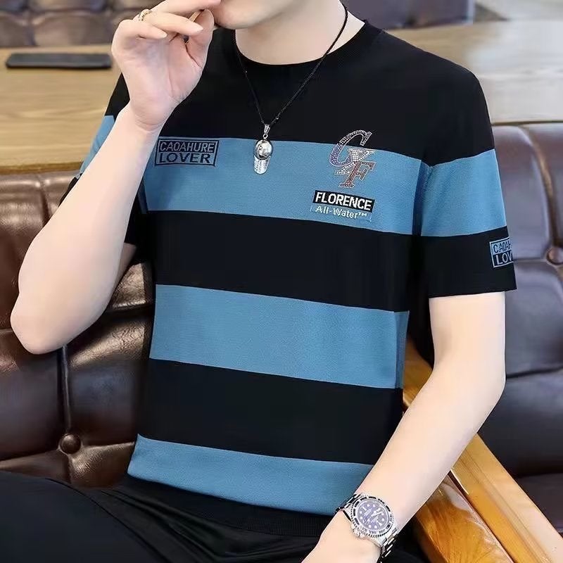 Source Manufacturer Ultra-Thin Ice Silk Breathable Short-Sleeved T-Shirt Summer Men'S Young And Middle-Aged Stripesd Half-Sleeved T-Shirt - Image 2