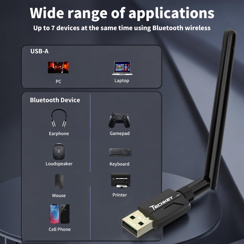 TECHKEY USB Bluetooth 5.4 Adapter for Desktop PC: Long Range 500FT Wireless Dongle with 5dBi Antenna Plug & Play for Laptop Windows 11/10/8.1, Pair BT Headphones/Headset/Speaker/Mouse/Keyboard/Printer - Image 5