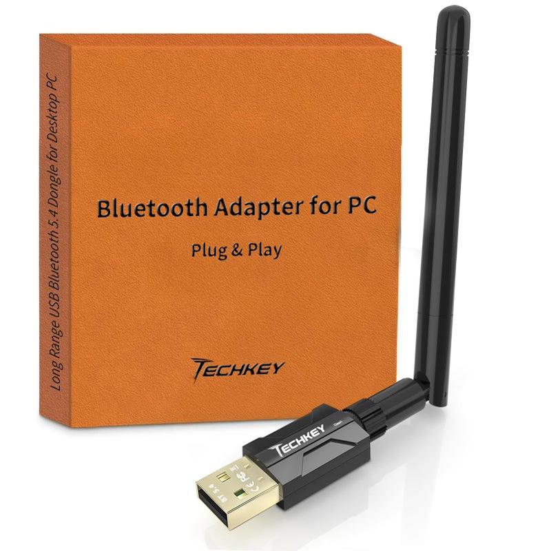 TECHKEY USB Bluetooth 5.4 Adapter for Desktop PC: Long Range 500FT Wireless Dongle with 5dBi Antenna Plug & Play for Laptop Windows 11/10/8.1, Pair BT Headphones/Headset/Speaker/Mouse/Keyboard/Printer - Image 1