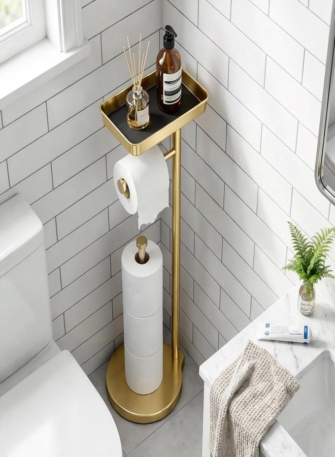 theaoo Toilet Paper Holder Stand with Shelf, Flushable Wipes Dispenser, Free Standing Toilet Tissue Roll Storage Rack Organizer for Bathroom (Gold, Free Standing - with Storage) - Image 2