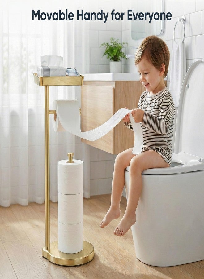 theaoo Toilet Paper Holder Stand with Shelf, Flushable Wipes Dispenser, Free Standing Toilet Tissue Roll Storage Rack Organizer for Bathroom (Gold, Free Standing - with Storage) - Image 3