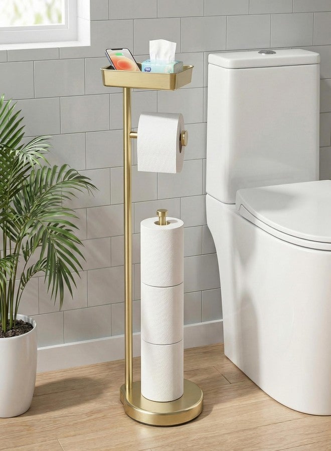 theaoo Toilet Paper Holder Stand with Shelf, Flushable Wipes Dispenser, Free Standing Toilet Tissue Roll Storage Rack Organizer for Bathroom (Gold, Free Standing - with Storage) - Image 5