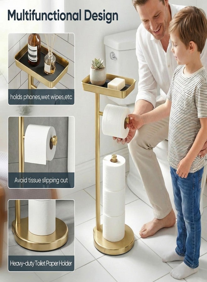 theaoo Toilet Paper Holder Stand with Shelf, Flushable Wipes Dispenser, Free Standing Toilet Tissue Roll Storage Rack Organizer for Bathroom (Gold, Free Standing - with Storage) - Image 4