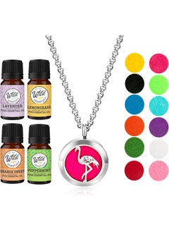 mEssentials Wild Essentials Flamingo Necklace Essential Oil Diffuser Kit with Lavender, Lemongrass, Peppermint, Orange Oils, 12 Refill Pads, Calming Aromatherapy Gift Set, Customizable Color Changing, Perfume 