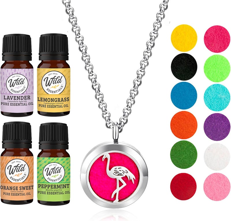 mEssentials Wild Essentials Flamingo Necklace Essential Oil Diffuser Kit with Lavender, Lemongrass, Peppermint, Orange Oils, 12 Refill Pads, Calming Aromatherapy Gift Set, Customizable Color Changing, Perfume 