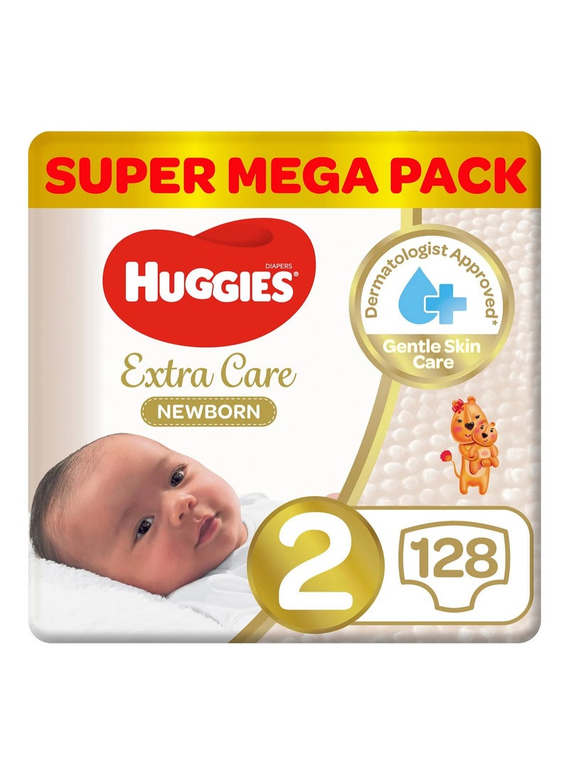 Huggies Extra Care Newborn Tape Stye Diapers, 128 Pieces Super Mega Pack, Size 2, 4 to 6kg - 12h Protection, Dermatologist Approved, Breathable - Image 1