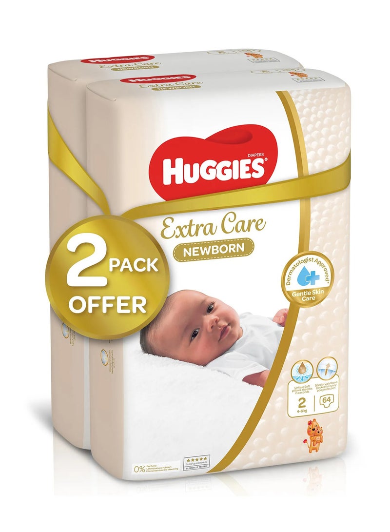 Huggies Extra Care Newborn Tape Stye Diapers, 128 Pieces Super Mega Pack, Size 2, 4 to 6kg - 12h Protection, Dermatologist Approved, Breathable - Image 2