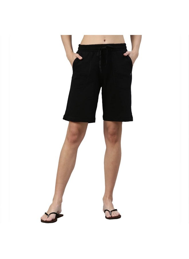 Enamor Essentials Women's Mid Rise Relaxed Fit 100% Cotton Knee Length Shorts Bermuda with Elasticated Waistband and Pockets - E080(E080-Jet Black-M) - pzsku/ZBAE44D78FF4995621CD5Z/45/_/1740982684/7dbb4219-930d-4405-9400-2c0942313a9b