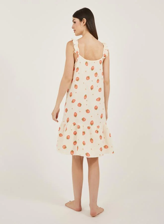 Styli Strawberry Print Ruffled Trim Cotton Slip Dress