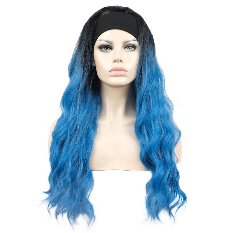 Aimole Long 24 Wavy Wigs 34 Women Wig With Headband Black Blue Ombre Synthetic Hair 1T4330
