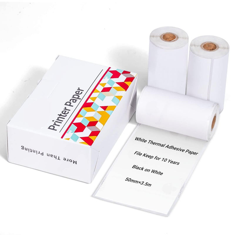 Ponek T02 Thermal Mini Sticker Printer Paper, White Self-Adhesive Paper, Black On White Paper for Journal, Photo, 50mm x 3.5m, 3 Rolls, Keep for 10 Years, Compatible with T02/M02X/M02L/Y02C/Q02 - Image 1