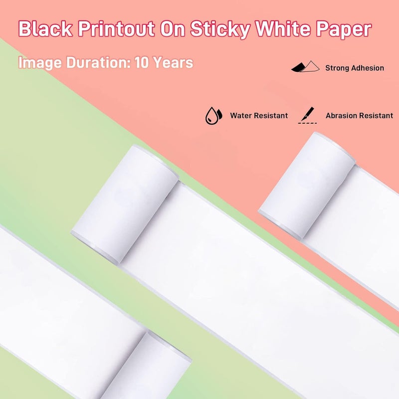 Ponek T02 Thermal Mini Sticker Printer Paper, White Self-Adhesive Paper, Black On White Paper for Journal, Photo, 50mm x 3.5m, 3 Rolls, Keep for 10 Years, Compatible with T02/M02X/M02L/Y02C/Q02 - Image 2