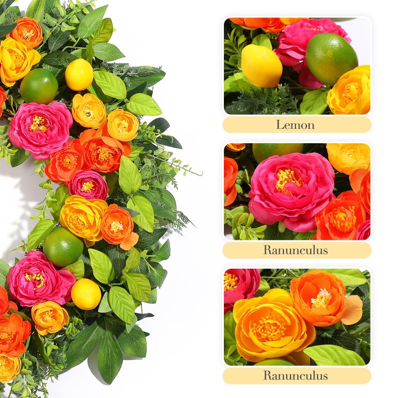 Vsonker 26" Spring Wreaths for Front Door, Large Artificial Lemon Wreath with Yellow and Green Lemons for Indoor Outdoor Wall Window, Outside Summer Floral Wreath Decor for Home Porch - Image 4