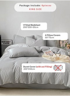LUNA Home King Size 6 Piece Bedding Set Without Filling, Washable Cotton Light Grey Color.  - Image 2