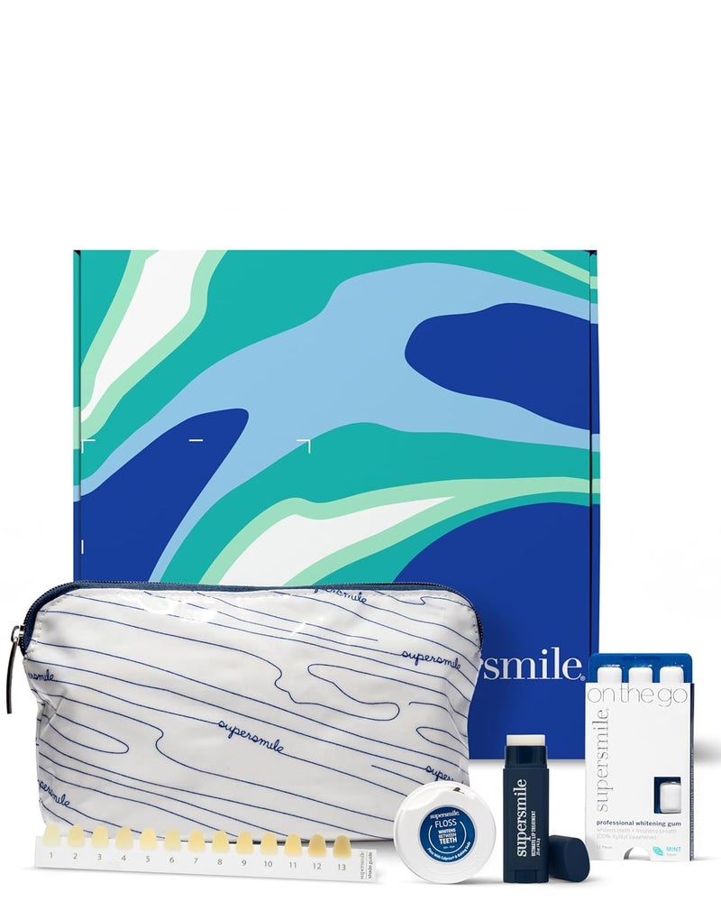 Supersmile Glow to Go teeth whitening kit  whitening gum floss  lip balm in stylish travel bag - Image 1