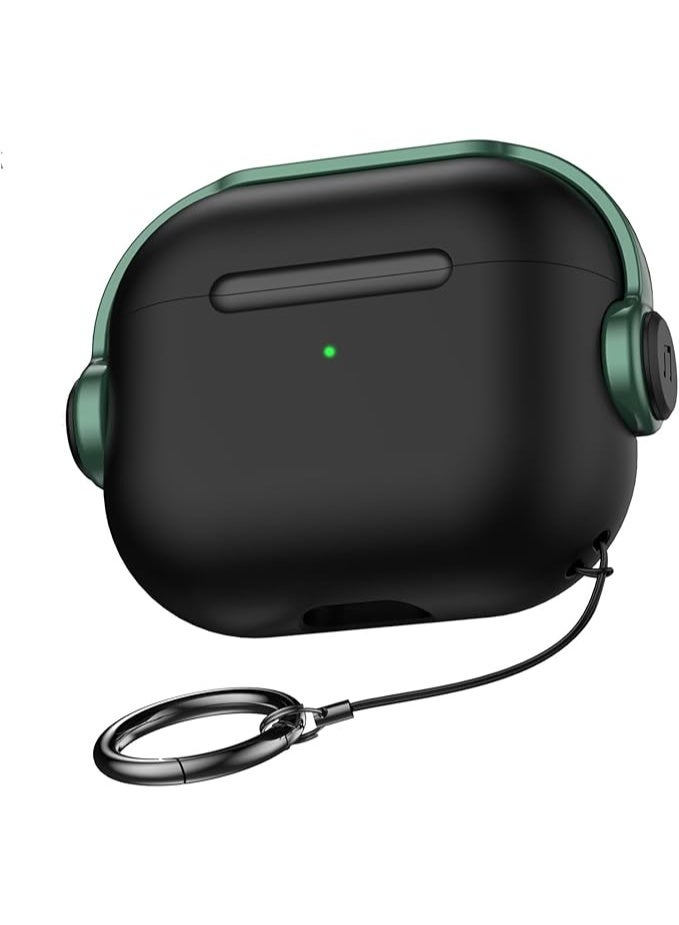 Case for AirPods Pro 2nd Generation 2022, Protective Silicone Skin Cover with Closure Lid, Front LED Visible, Shockproof Case with Wrist Strap, Compatible with AirPods Pro 2 (Black Green) - Image 1