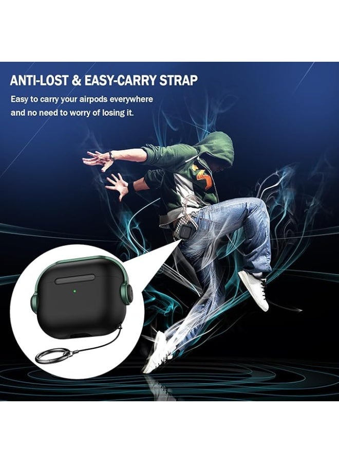 Case for AirPods Pro 2nd Generation 2022, Protective Silicone Skin Cover with Closure Lid, Front LED Visible, Shockproof Case with Wrist Strap, Compatible with AirPods Pro 2 (Black Green) - Image 5
