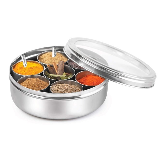 STAINLESS STEEL MASALA SPICE BOXDABBAORGANISER WITH SEE THROUGH LID WITH 7 CONTAINERS AND SMALL SPOON PLAIN SMALL