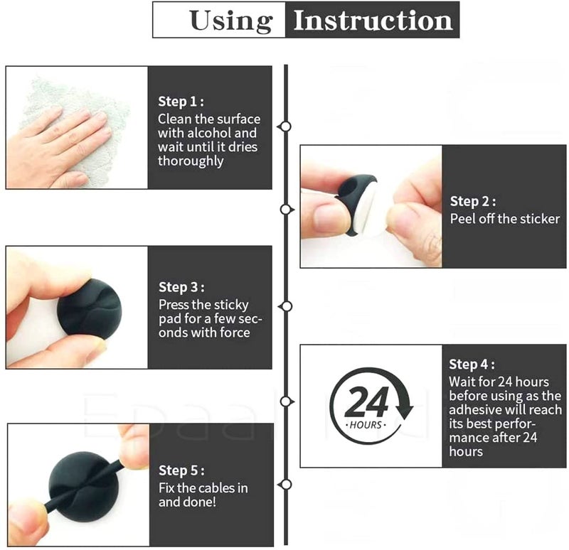 Epaal Epaal 20 pcs Black Cord Cable Wire Holder Protector Organiser Accessories Self Adhesive Cable Straps Hook and Loop Cable Ties for Home Office Car Desktop Laptop Computer  - Image 5