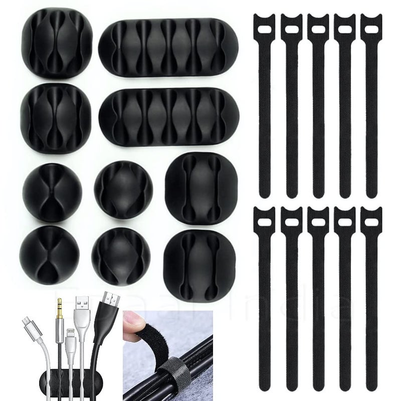 Epaal Epaal 20 pcs Black Cord Cable Wire Holder Protector Organiser Accessories Self Adhesive Cable Straps Hook and Loop Cable Ties for Home Office Car Desktop Laptop Computer  - Image 1