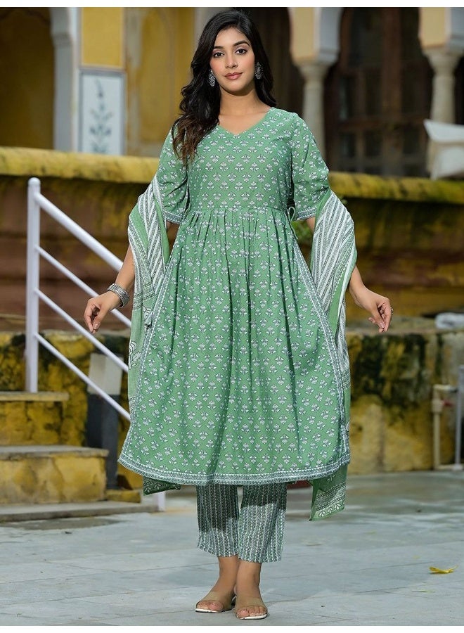 AKS AKS Floral Printed Empire Pure Cotton A-Line Kurta with Trousers & Dupatta  - Image 4