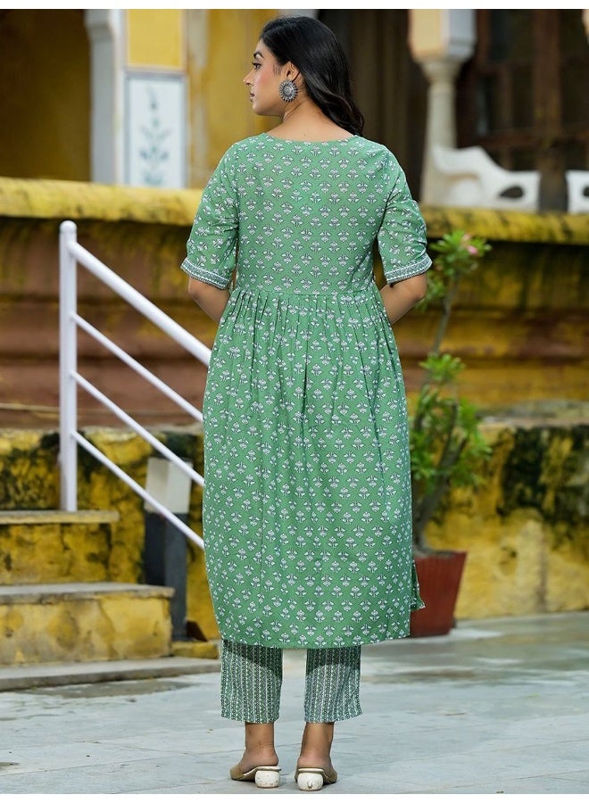 AKS AKS Floral Printed Empire Pure Cotton A-Line Kurta with Trousers & Dupatta  - Image 5