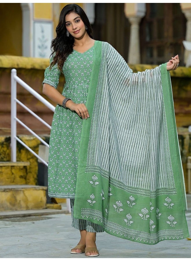 AKS AKS Floral Printed Empire Pure Cotton A-Line Kurta with Trousers & Dupatta  - Image 1