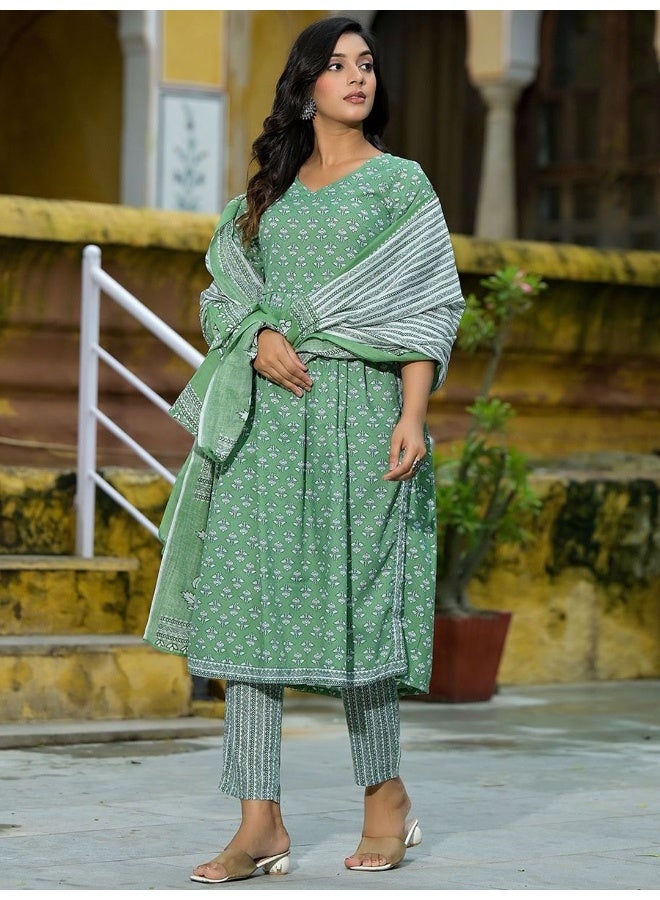 AKS AKS Floral Printed Empire Pure Cotton A-Line Kurta with Trousers & Dupatta  - Image 3