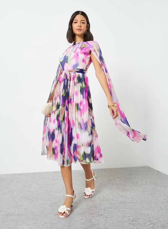 Styli Multi Cape Sleeve Pleated Midi Dress