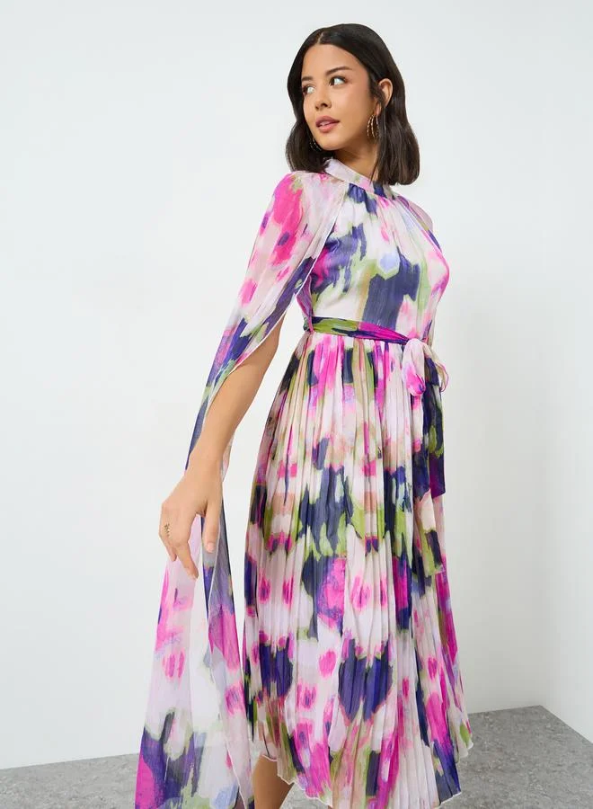 Styli Multi Cape Sleeve Pleated Midi Dress