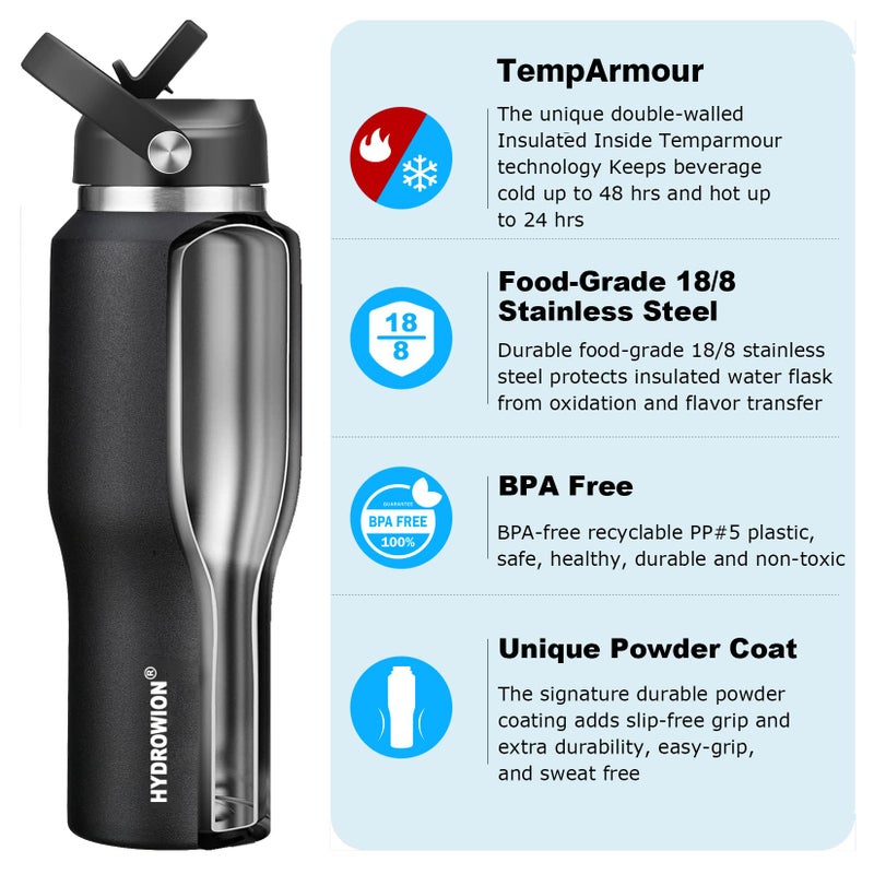 HYDROWION 40 oz Insulated Water Bottle with Straw fit in Car Cup Holder(Cold 48 hrs, Hot 24 hrs) Drinking Bottle with Straw Lid, Spout Lid and Flex Cap Leakproof Travel Thermo Mugï¼ŒBlack - Image 2