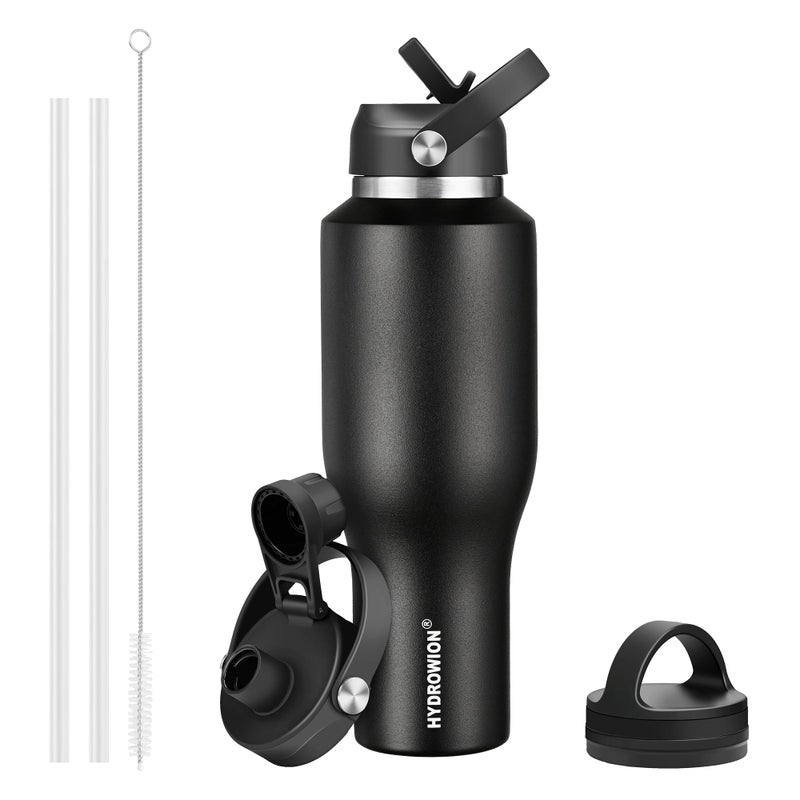 HYDROWION 40 oz Insulated Water Bottle with Straw fit in Car Cup Holder(Cold 48 hrs, Hot 24 hrs) Drinking Bottle with Straw Lid, Spout Lid and Flex Cap Leakproof Travel Thermo Mugï¼ŒBlack - Image 1