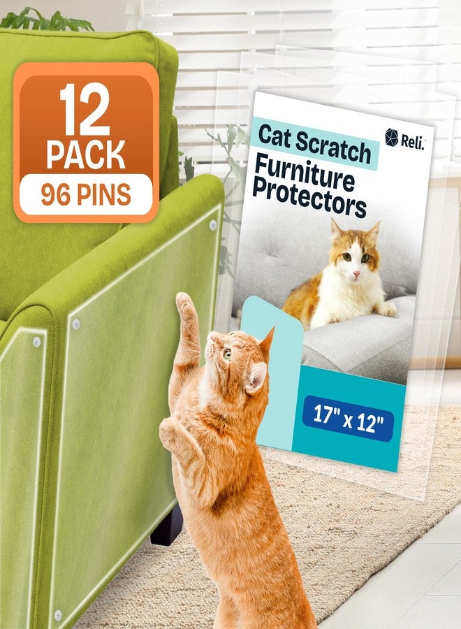 Reli. Cat Scratch Furniture Protector XL (12 Pack w/Pins) Anti Cat Scratch Couch Protector from Claws | Self Adhesive, Clear Plastic Furniture Shield for Couch Corner, Sofa - Image 1