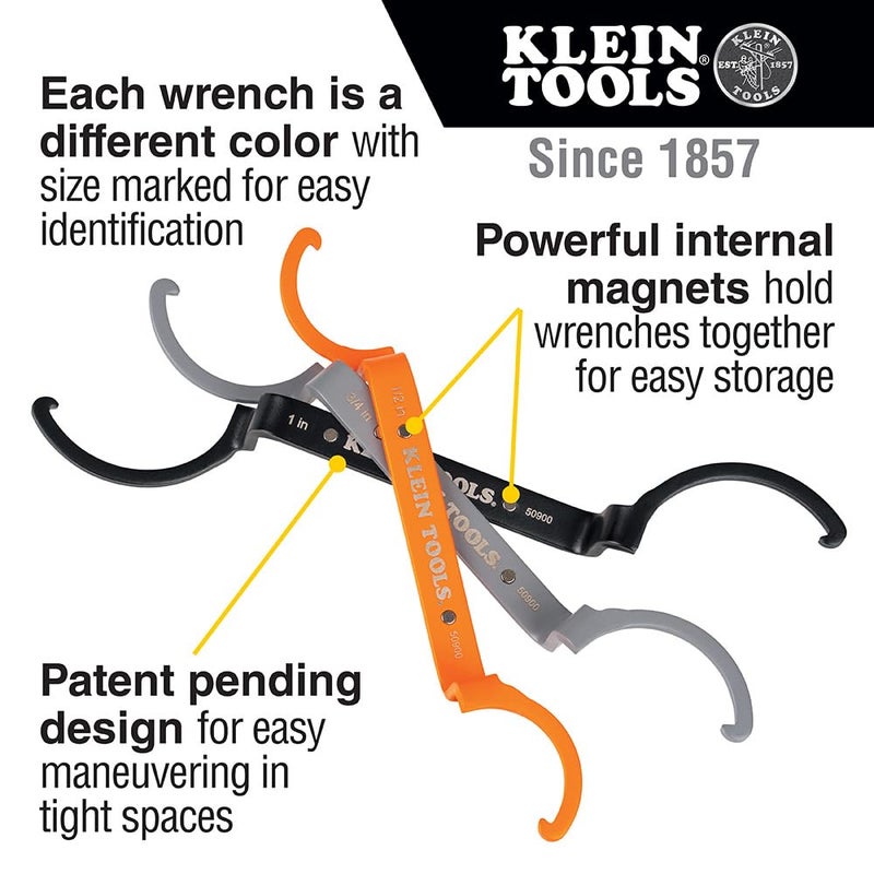 KLEIN TOOLS 50900R Conduit Lockout Wrench Set, Tighten and Loosen Locknuts in Tight Spaces, 1/2, 3/4 and 1-Inch, Offset Bends, 3-Piece - Image 2