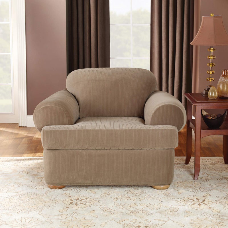 Surefit غطاء كرسي SureFit Home DÃ©cor SF37184 بتصميم مخطط مرن، ملائم للشكل، بوليستر/سبانديكس، قابل للغسل في الغسالة، لون بني رمادي ثنائي القطعة - Image 3
