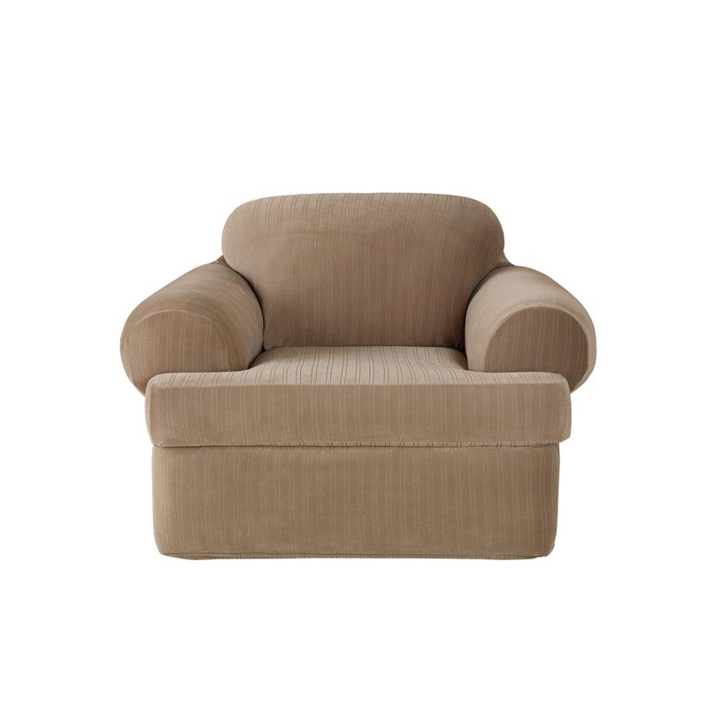 Surefit غطاء كرسي SureFit Home DÃ©cor SF37184 بتصميم مخطط مرن، ملائم للشكل، بوليستر/سبانديكس، قابل للغسل في الغسالة، لون بني رمادي ثنائي القطعة - Image 1