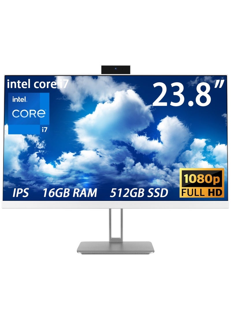 HILUKE 23.8" FHD All-in-One Desktop Computer, Intel 4-Core Processor i7-7700, 16GB RAM, 512GB PCIe SSD, HDMI, WiFi, Bluetooth, Business AIO, Vent-Hear, Keyboard & Mouse, Windows 10 Pro,300w pixel cmera english white - Image 1